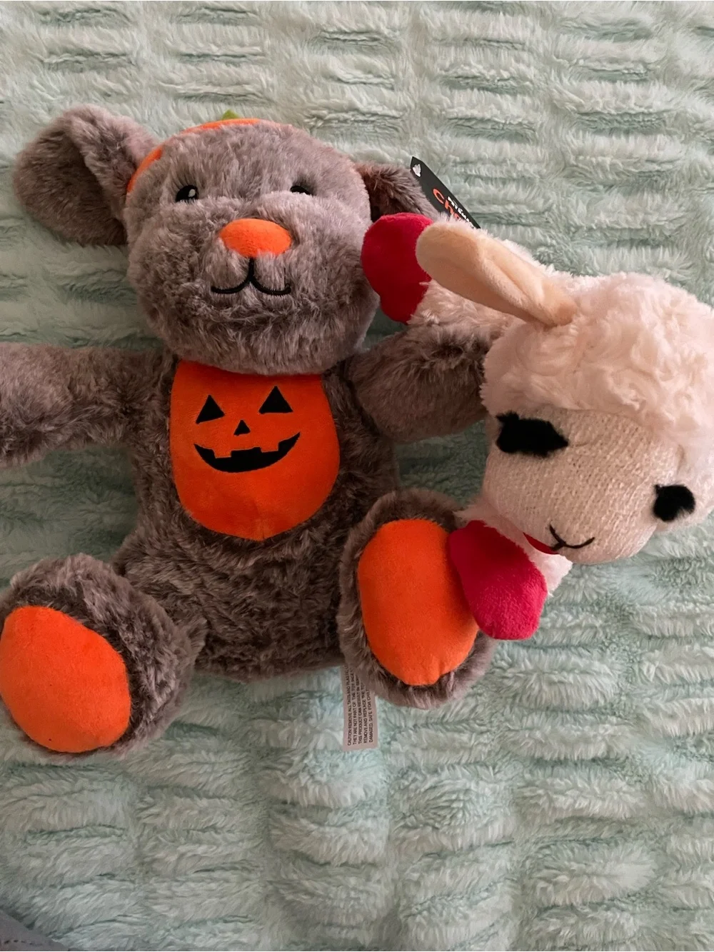 Plush Bear with Orange Pumpkin Outfit and Lamb Chop dog toys NWT/NWOT